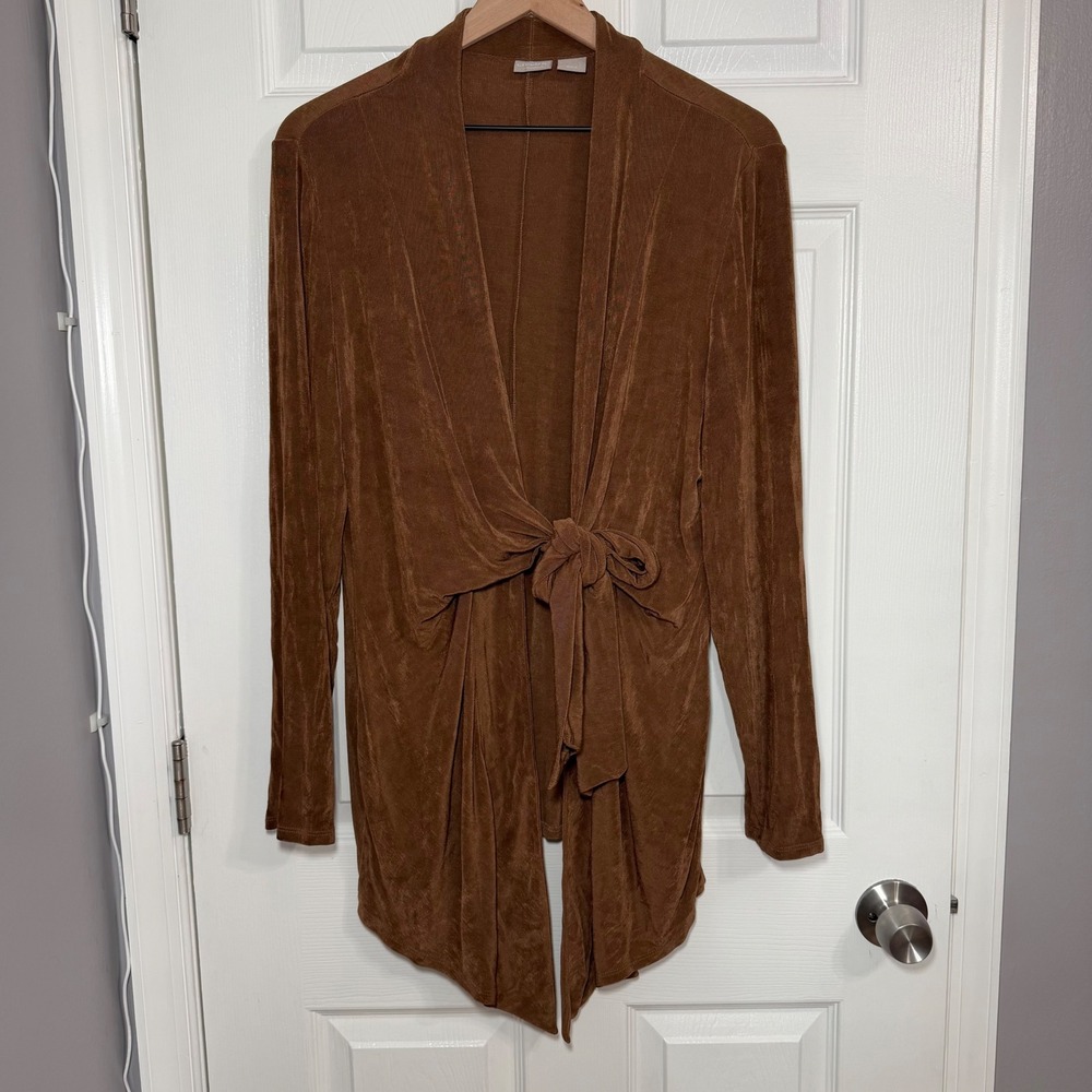 Chico's Travelers milk chocolate brown Tie Front Ribbed Knit Cardigan Size 2 L